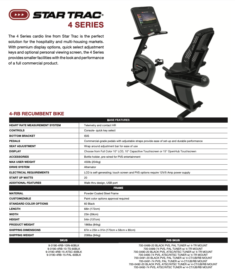 StarTrac 4RB Recumbent Bike (15” Touchscreen)